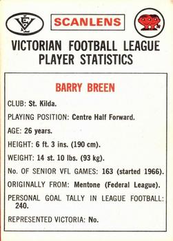 1974 Scanlens VFL #129 Barry Breen Back